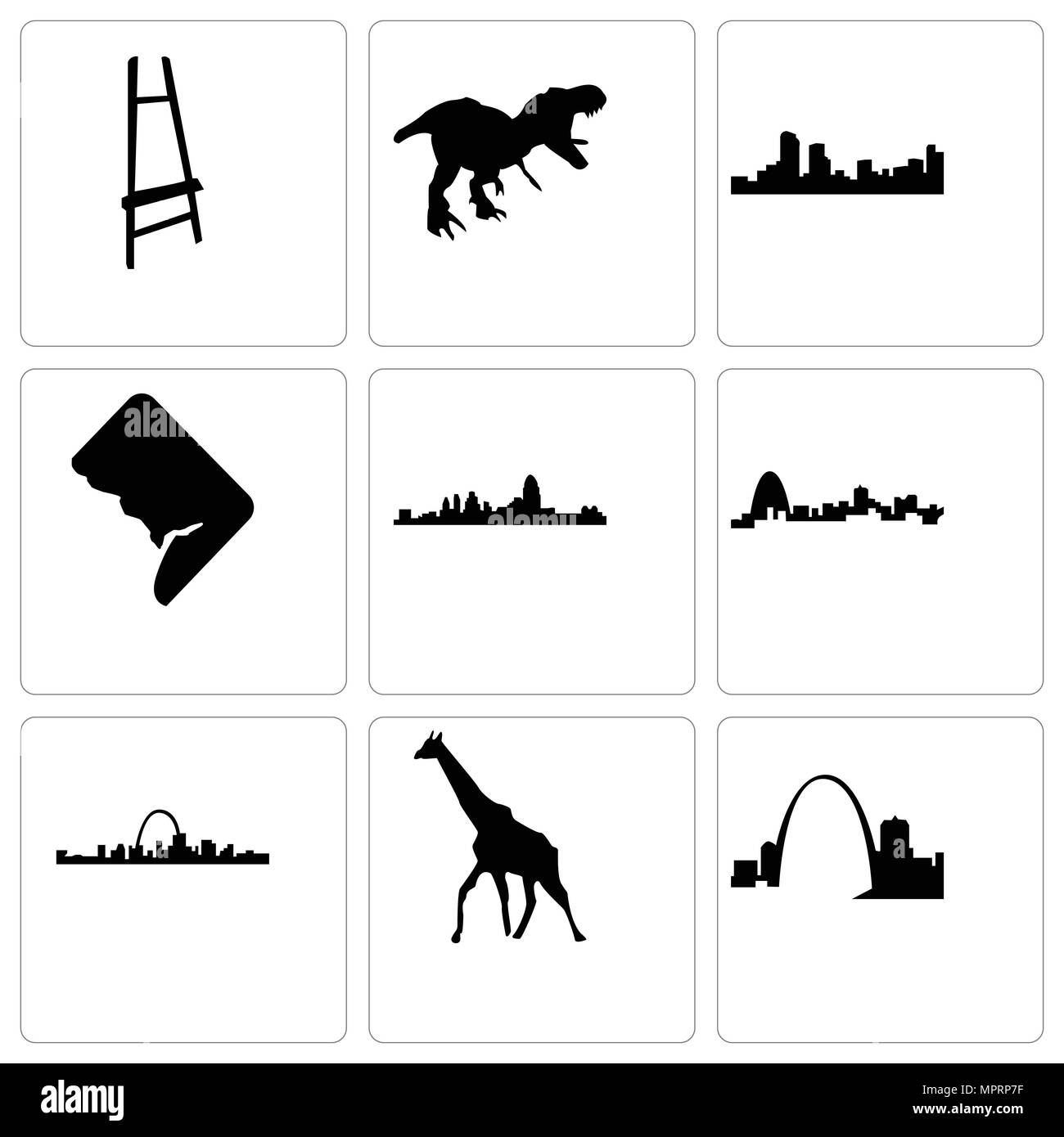 Set di 9 semplici icone modificabile come missouri, giraffe, st louis, Cincinnati, dc, Denver, t rex, pittore cavalletto, può essere usato per il mobile, web Illustrazione Vettoriale