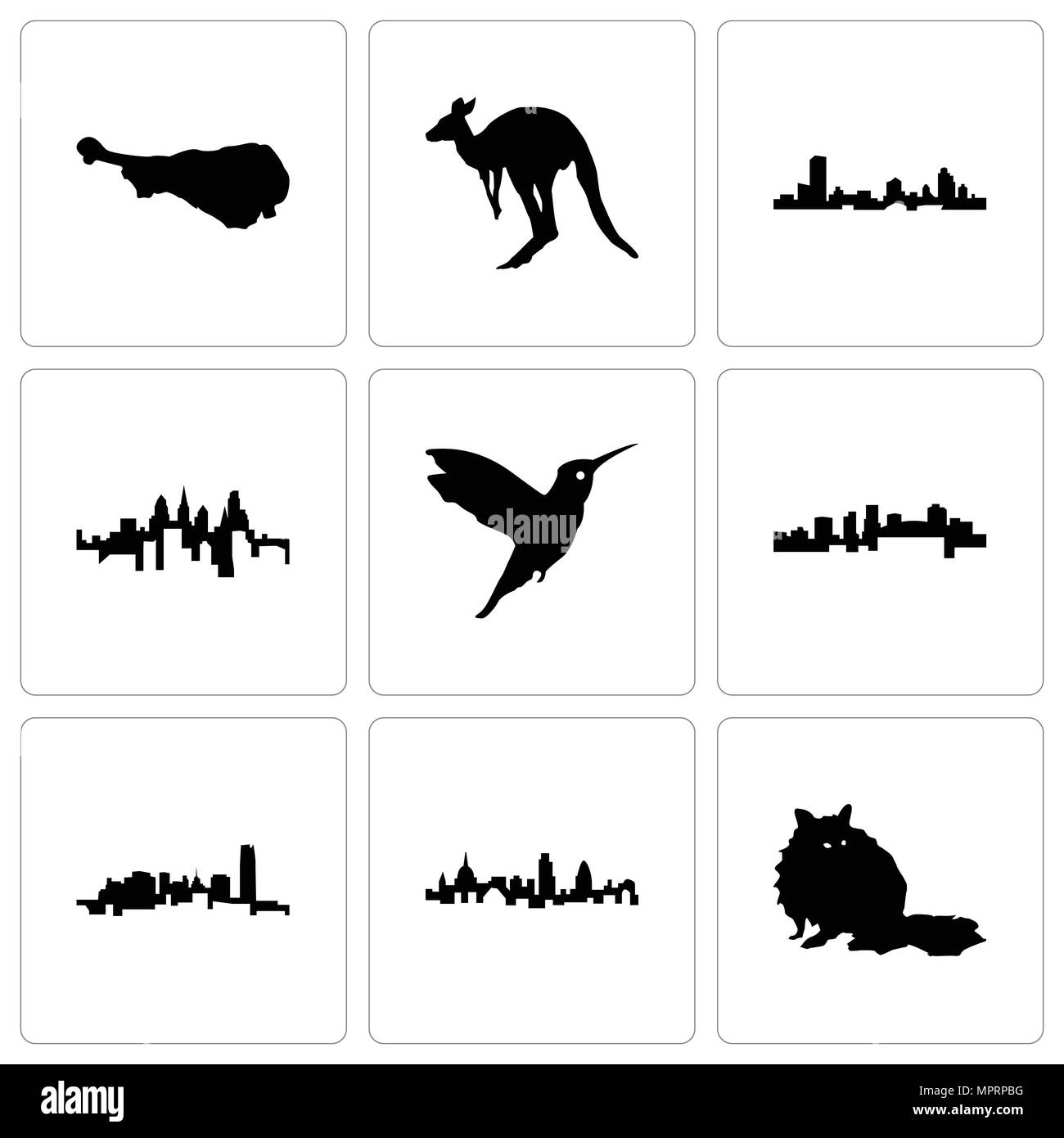 Set di 9 semplici icone modificabile come raccoon, Londra, Oklahoma, Arkansas, Hummingbird, dello stato della Pennsylvania, Wisconsin, canguro, tacchino, può essere u Illustrazione Vettoriale