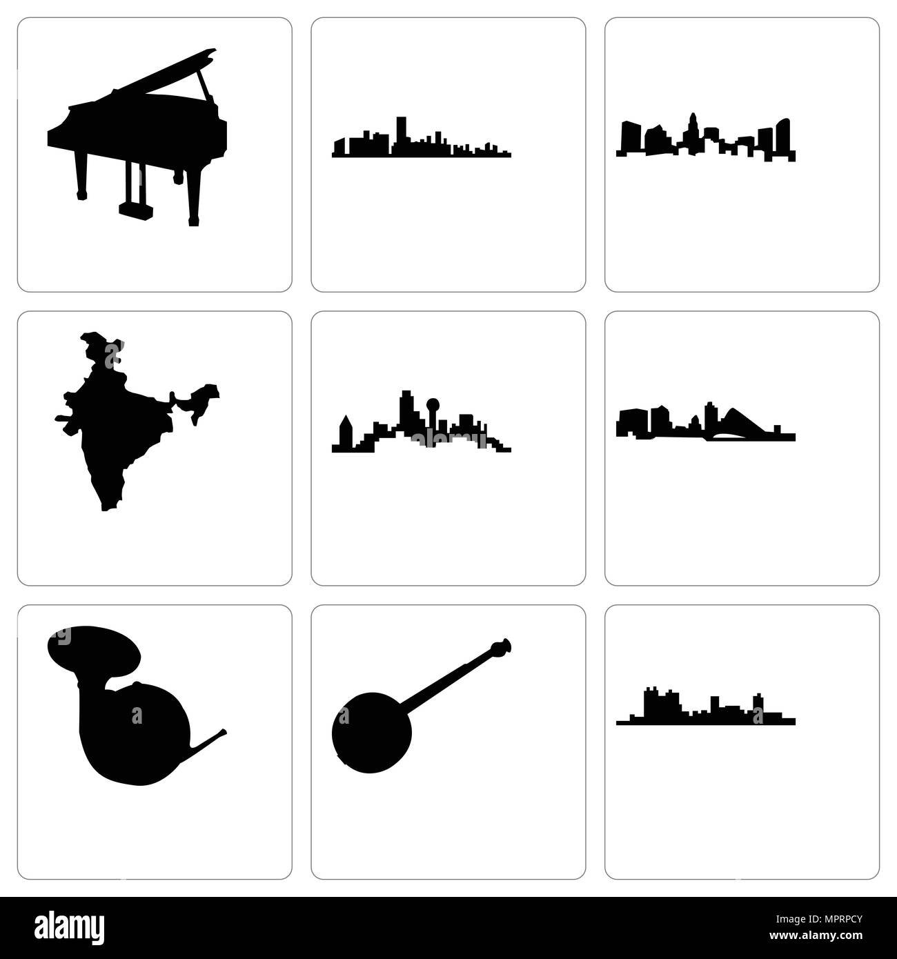 Set di 9 semplici icone modificabili quali Fort Worth, banjo, corno francese, Wisconsin, dallas, india mappa, Charlotte, florida, pianoforte, può essere utilizzata per Illustrazione Vettoriale