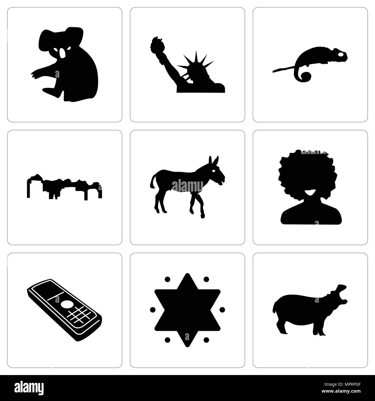 Set di 9 semplici icone modificabile come Ippona, la stella di Davide, telefono cellulare, afro, asino, Utah, chameleon, statua della libertà, koala, può essere usato per il mobile, Illustrazione Vettoriale