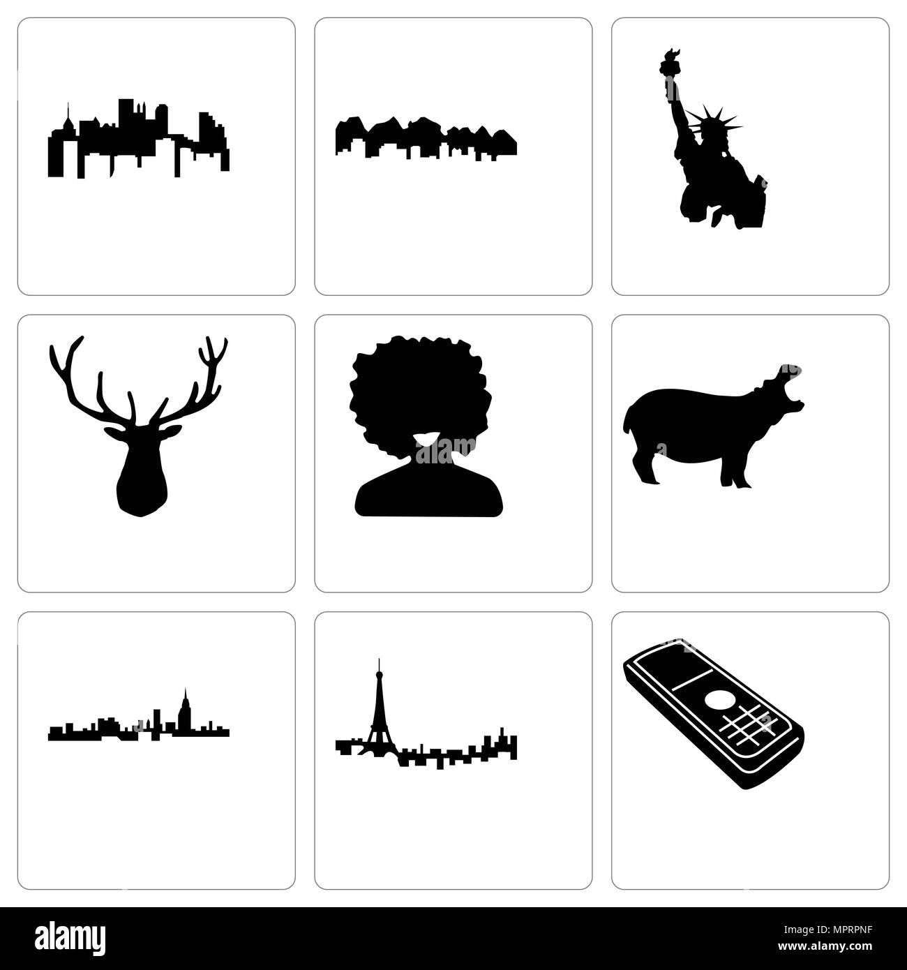 Set di 9 semplici icone modificabile come telefono cellulare, Parigi, Alabama, ippopotami, afro, testa di alce, statua della libertà, Utah, dello stato della Pennsylvania, può essere utilizzata per Illustrazione Vettoriale