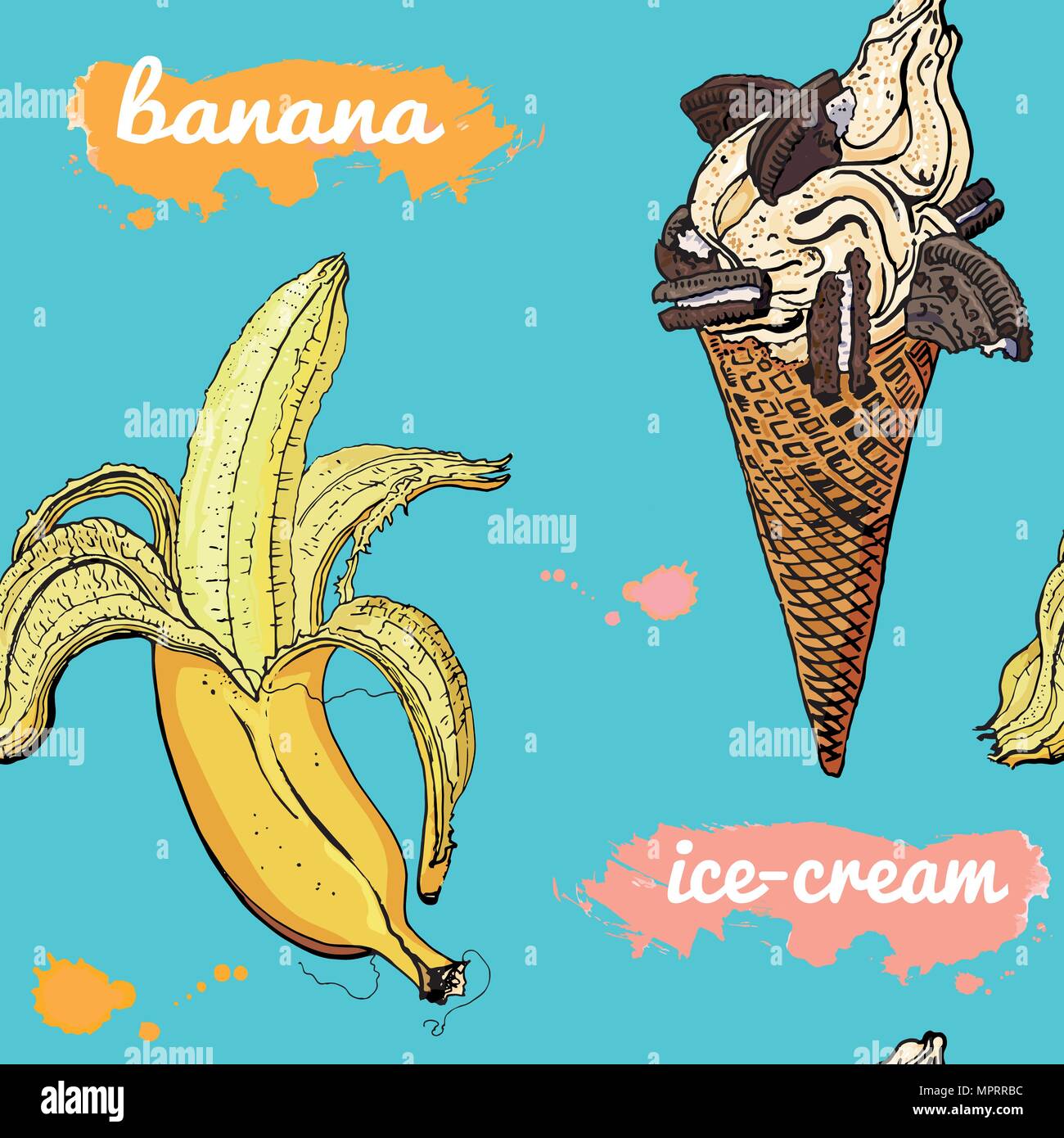 Colorato stile retrò cookie cono gelato e banana seamless pattern. Disegnate a mano estivo delizioso design. Il turchese, giallo, rosa, cioccolato. Cafe decorazione, la stampa tessile. Illustrazione Vettoriale