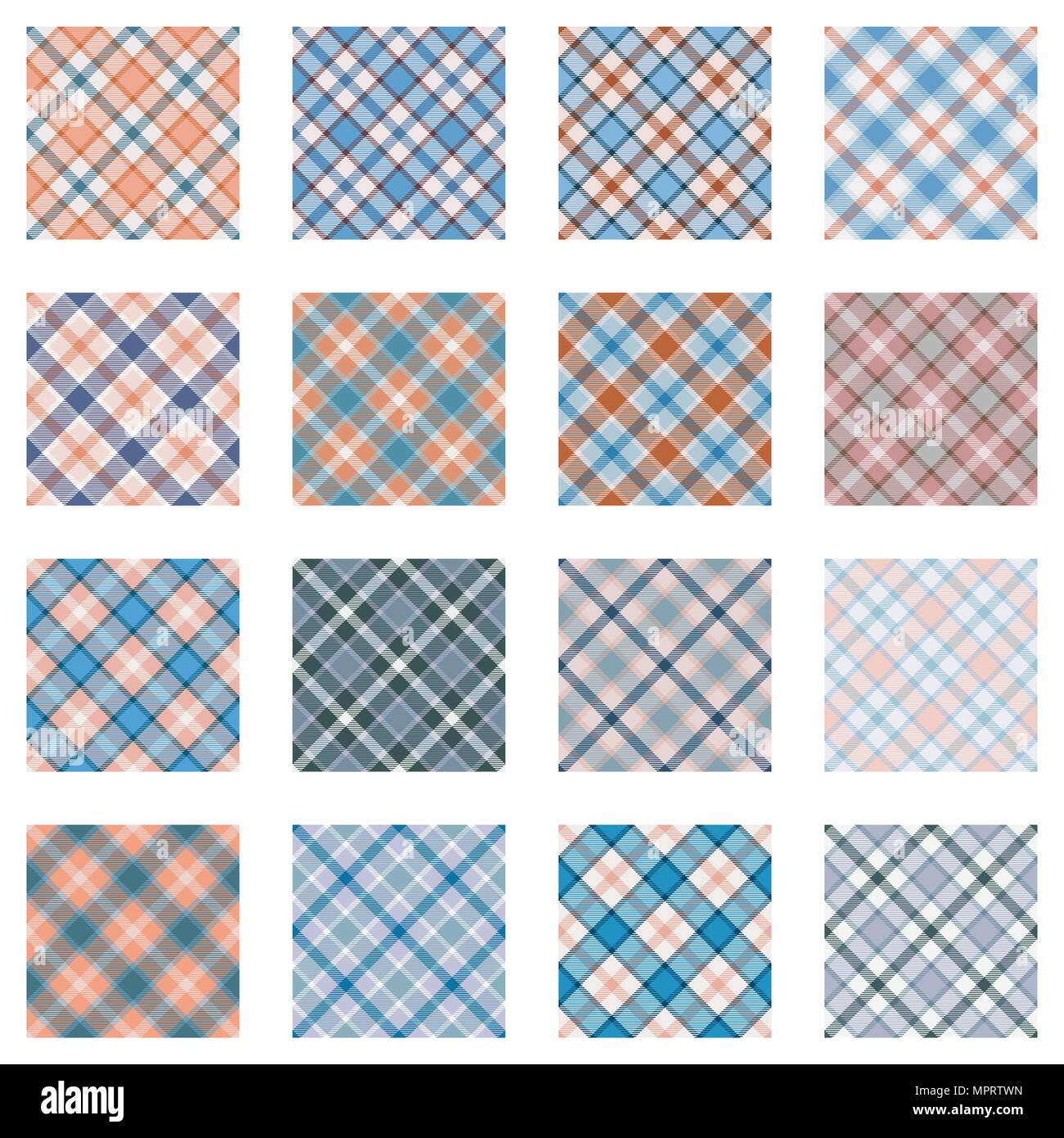 Plaid patterns raccolta, 16 seamless disegni tartan, blu chiaro e sfumature rosse Illustrazione Vettoriale
