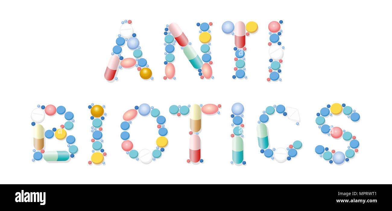 Antibiotici scritto con le pillole, compresse e capsule - illustrazione su sfondo bianco. Foto Stock