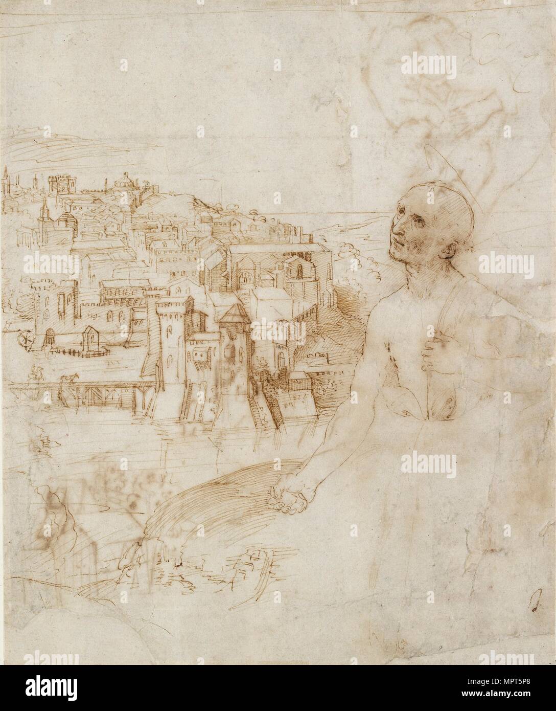 Vista della città di Perugia con il San Girolamo penitente in primo piano, 1500-1504. Artista: Perugino. Foto Stock