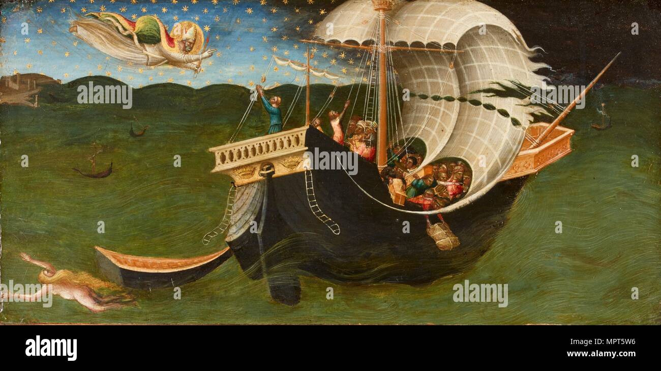 San Nicola di Bari bandire la tempesta, 1433-1435. Artista: Bicci di Lorenzo. Foto Stock