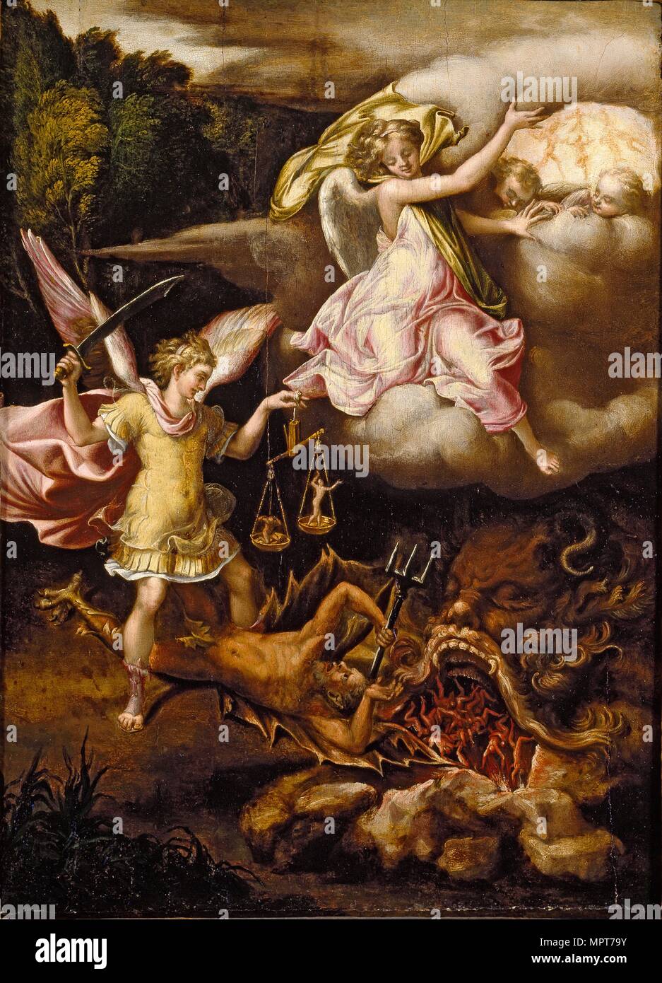 St Michael soggiogare Satana e pesando le anime dei morti, c1540-1549. Artista: Lelio Orsi. Foto Stock