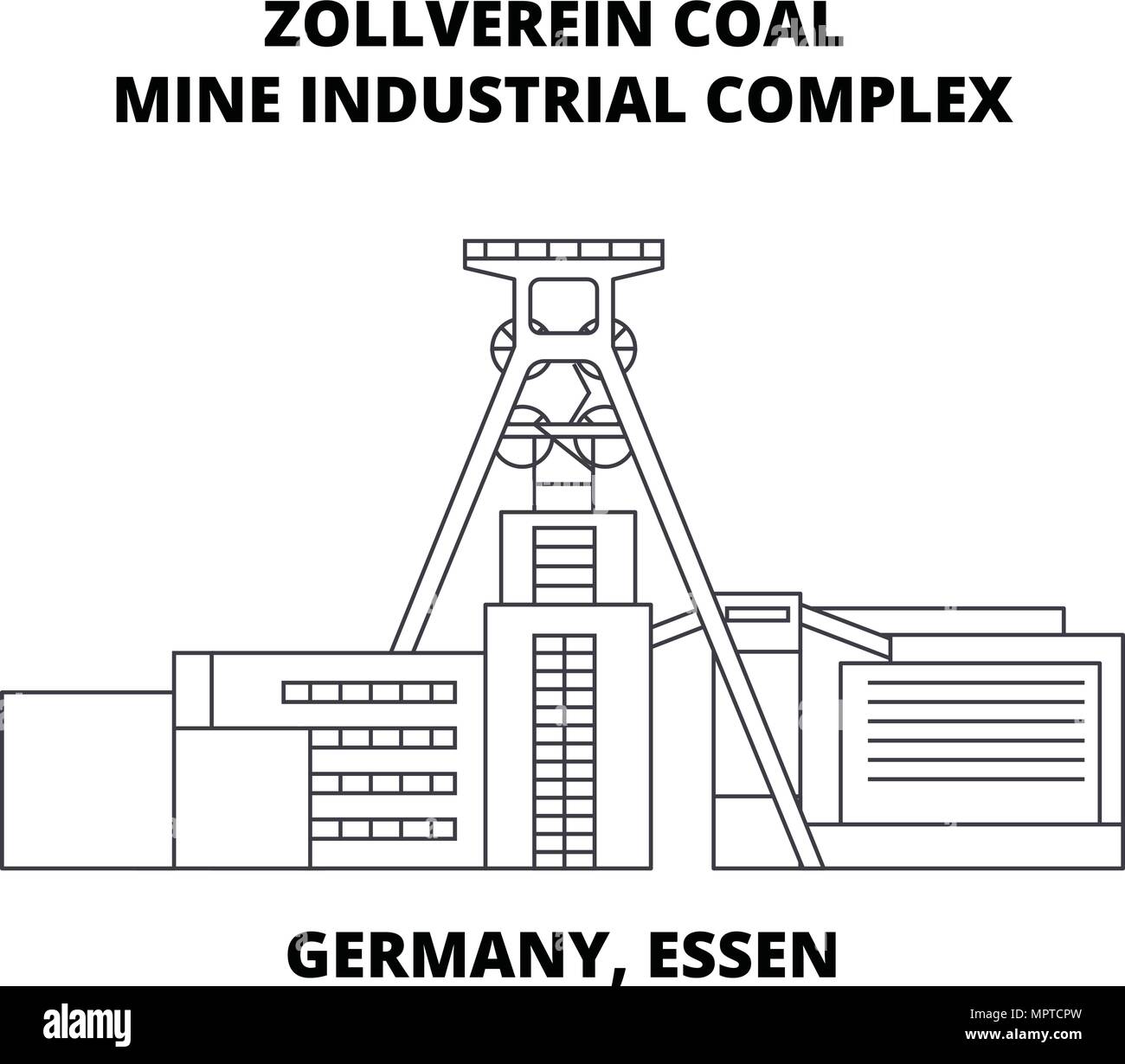 Germania, Essen, Complesso industriale delle Miniere di carbone dello Zollverein icona linea concept. Germania, Essen, Complesso industriale delle Miniere di carbone dello Zollverein vettore lineare segno, simbolo, figura. Illustrazione Vettoriale