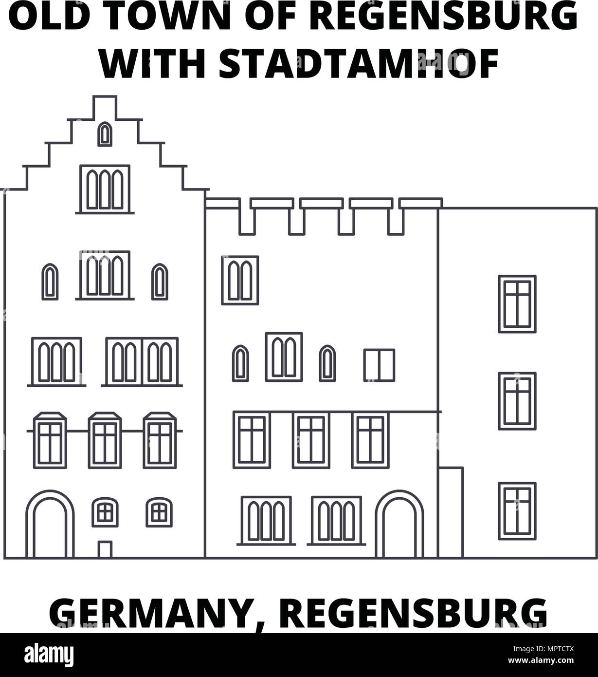 Germania, Regensburg, Old Town lo Stadtamhof icona linea concept. Germania, Regensburg, Old Town lo Stadtamhof vettore lineare segno, simbolo, figura. Illustrazione Vettoriale
