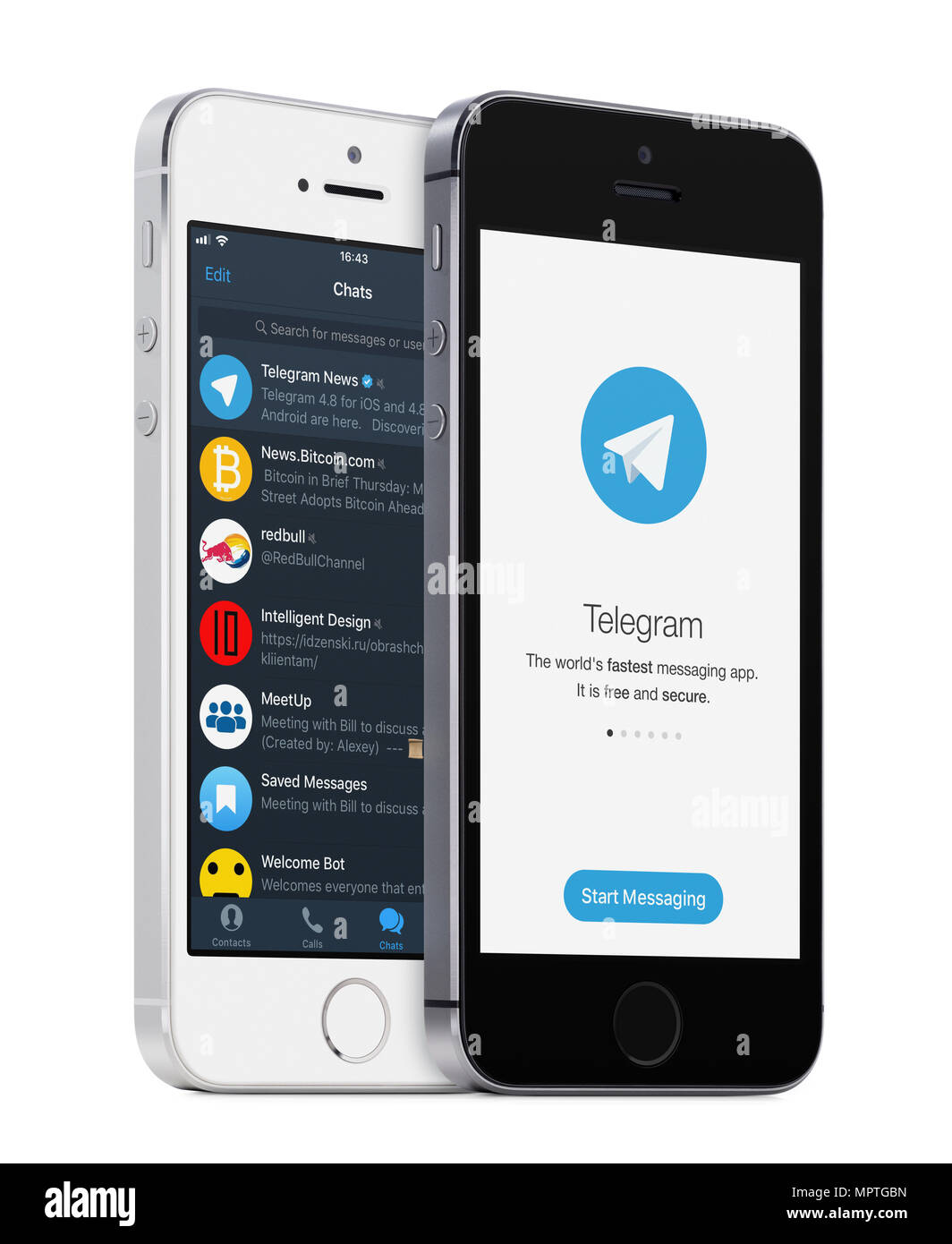 Telegramma messenger app logo e il telegramma elenco di chat sul bianco e nero Iphone Apple. Foto Stock