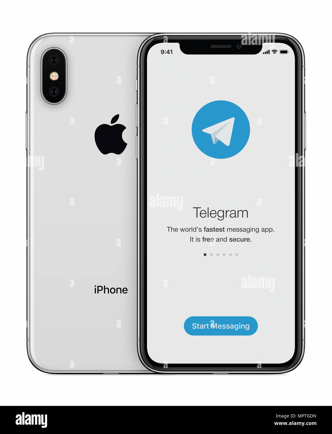 Telegramma Messenger nella schermata di lancio con telegramma logo su iPhone Apple display X. Foto Stock