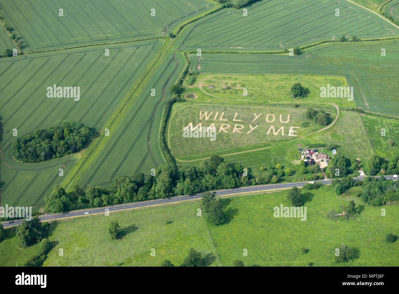 Vista aerea di una Ti sposerà Me messaggio, Bedfordshire, c2010s(?). Artista: Damian Grady. Foto Stock