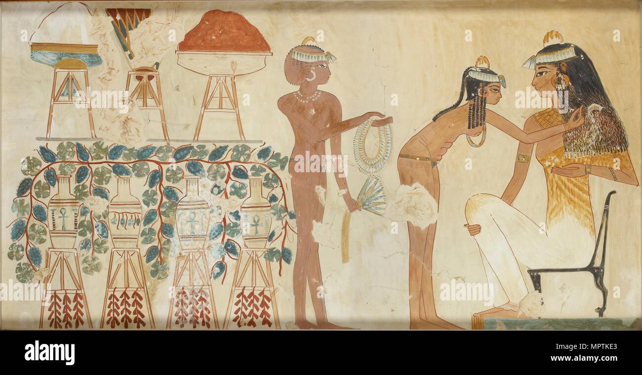 Copia del dipinto dalla tomba privata 38 di Djeserkeresonb, Tebe (I, 1, 69-70), il ventesimo secolo. Artista: Anna (Nina) Macpherson Davies. Foto Stock