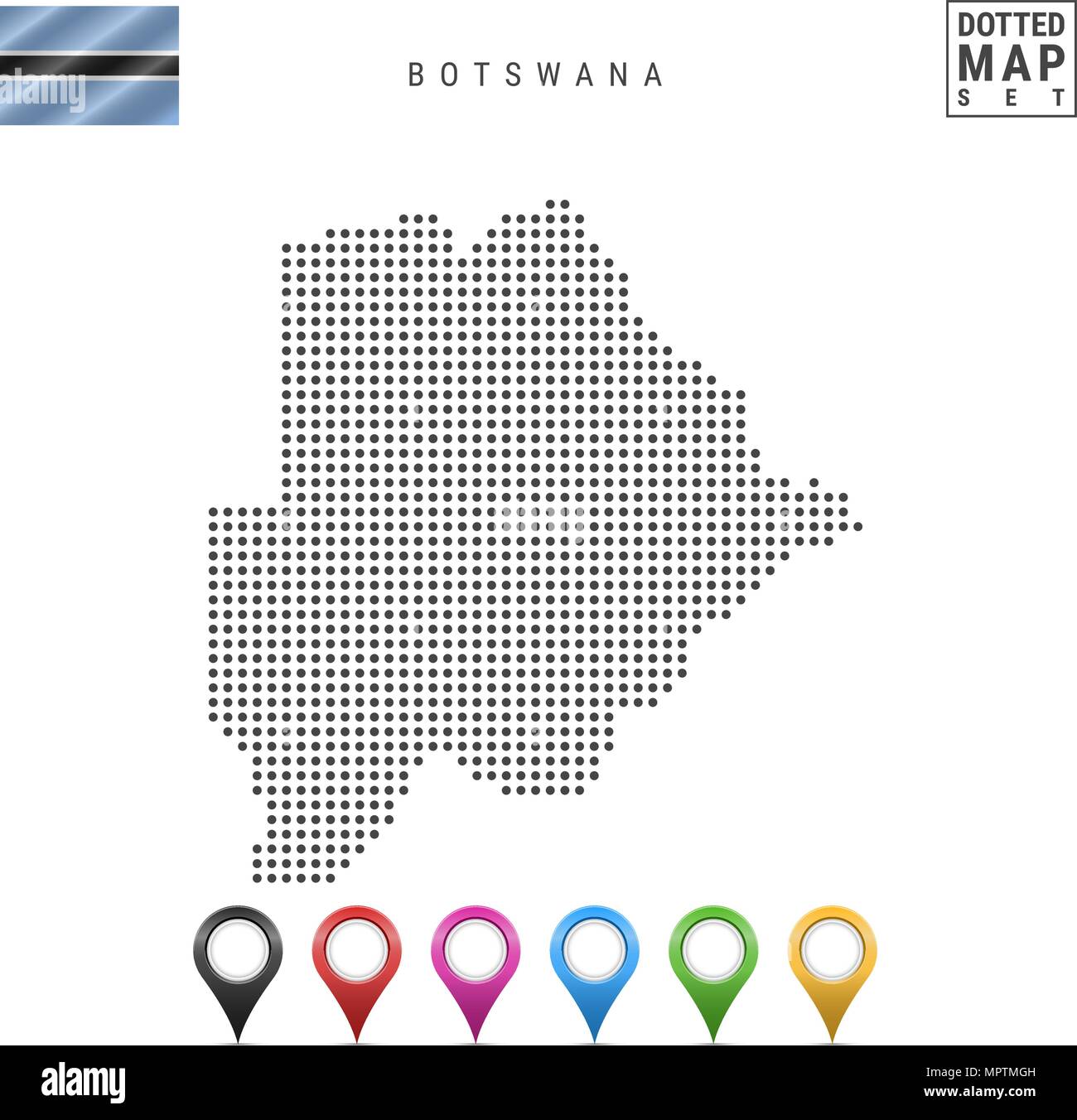 Vettore Mappa tratteggiata del Botswana. Semplice Silhouette del Botswana. Bandiera nazionale del Botswana. Insieme multicolore i marcatori mappa Illustrazione Vettoriale