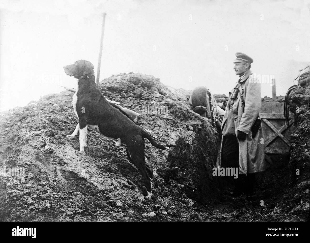 Funzionario tedesco con il suo cane nelle trincee, c.1914. Foto Stock