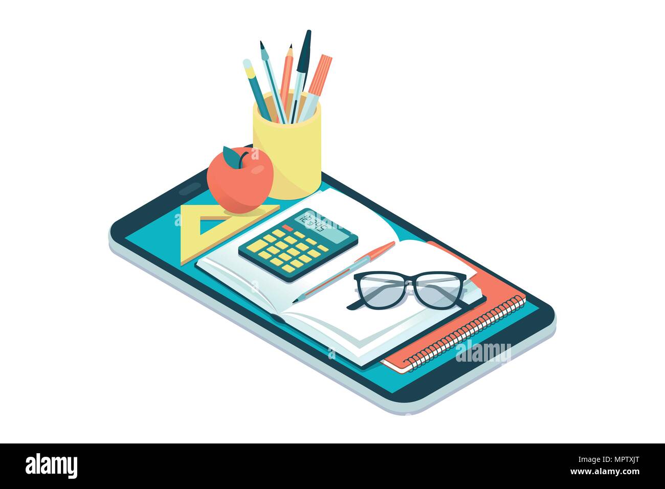 L'E-learning e corsi online app con icone, libri e strumenti, istruzione e torna al concetto di scuola Illustrazione Vettoriale