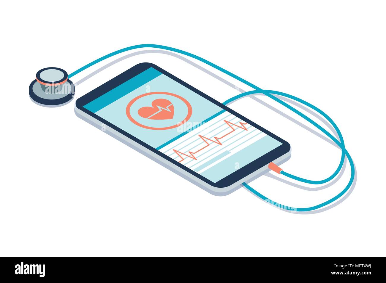 Stetoscopio digitale collegato a uno smartphone e icone: innovative la diagnosi medica e il concetto di tecnologia Illustrazione Vettoriale