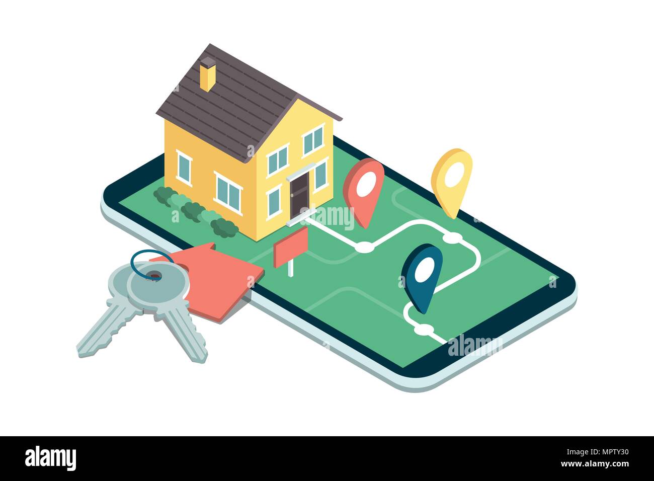 Trova la tua casa da sogno: modello di casa su una mappa, le chiavi di casa e le icone, real estate mobile app Illustrazione Vettoriale