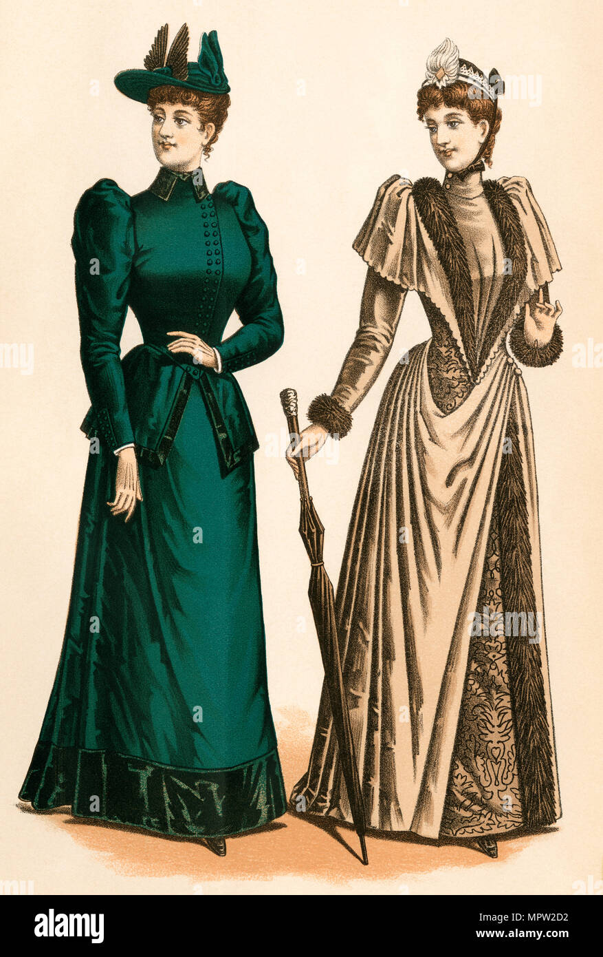 Godey's ladies fashions, 1890s, che mostra due donne in costume a piedi, uno verde e uno beige. Litografia a colori Foto Stock