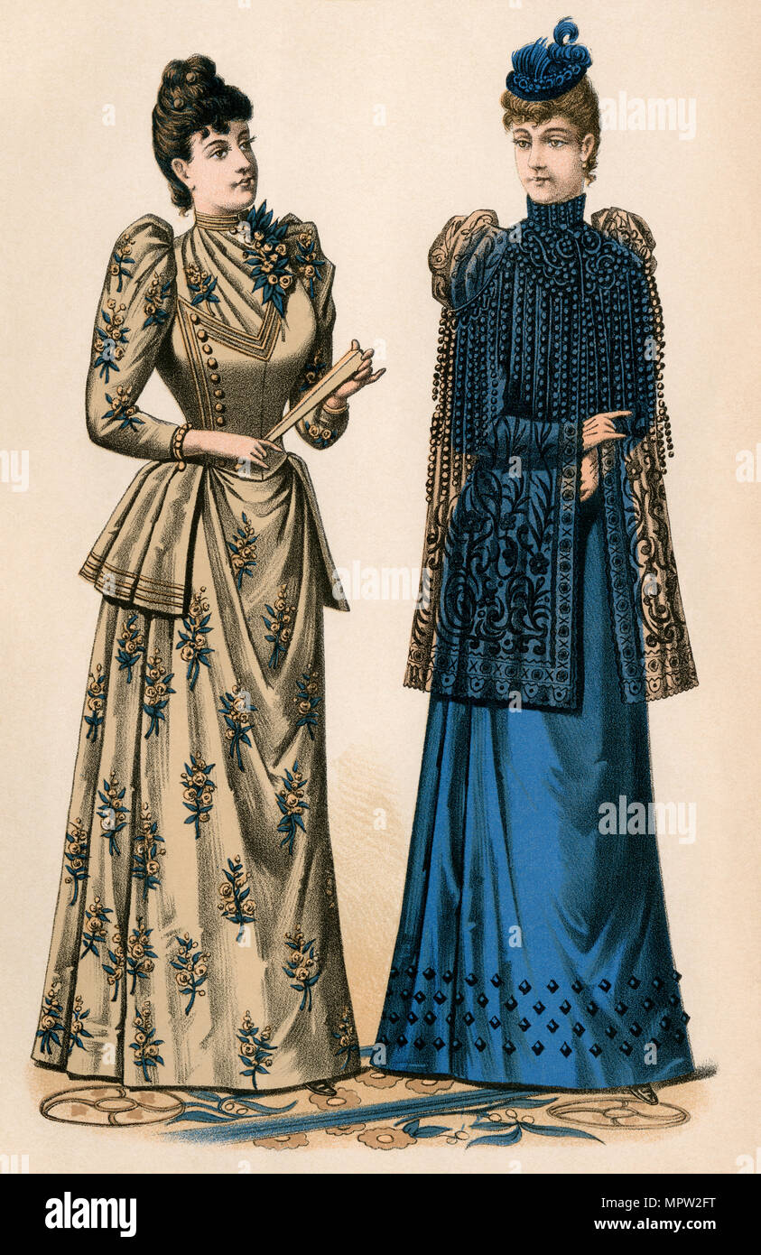 Godey della moda di illustrazione di due donne, 1890s. Litografia a colori Foto Stock