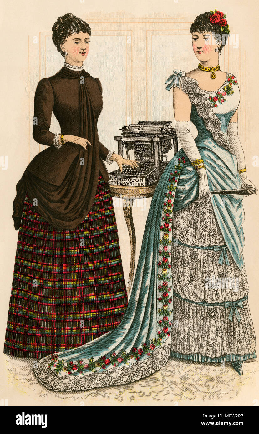 Godey della moda della signora con una macchina da scrivere Remington e uno in una vestaglia, 1880. Litografia a colori Foto Stock