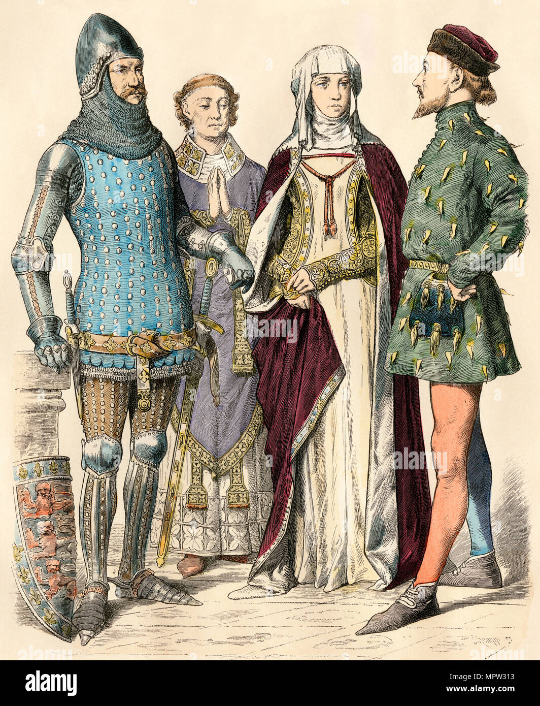 Costume medievale del cavaliere, vescovo, signora, e gentiluomo. Colorate a mano la stampa Foto Stock