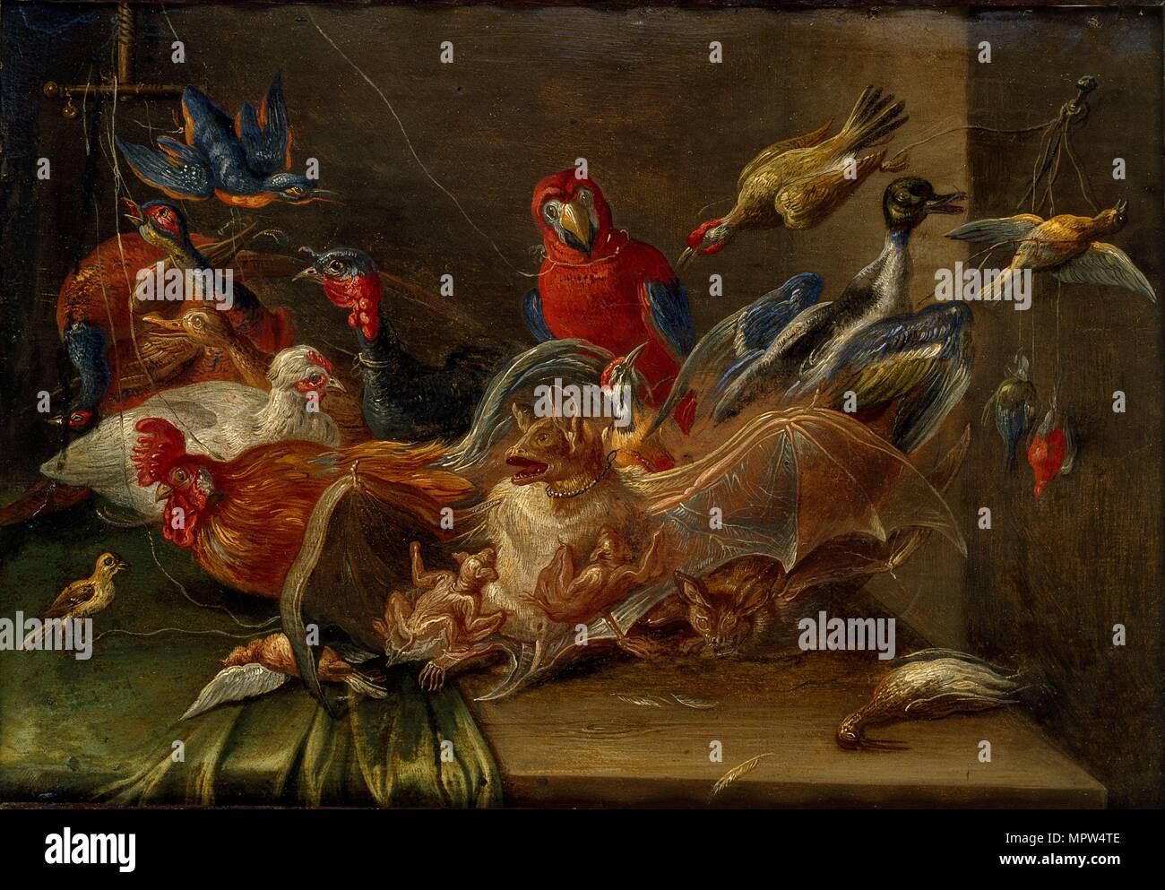 Still-Life decorativi composizione con uccelli e due pipistrelli, metà del XVII secolo. Artista: Jan van Kessel. Foto Stock