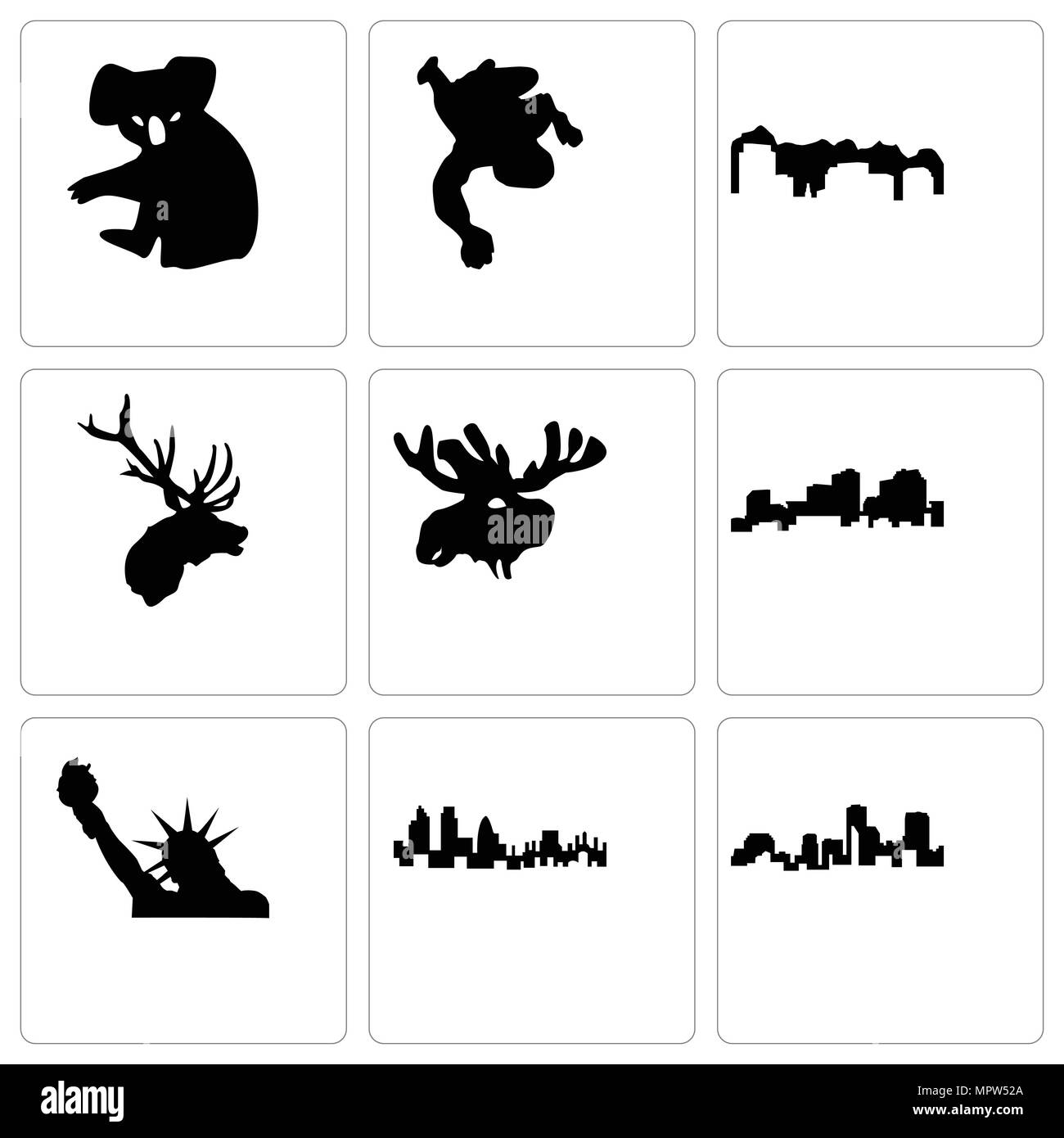 Set di 9 semplici icone modificabile come louisiana, Londra, statua della libertà, testa di Alce Elk, Utah, gesso, koala, può essere usato per il mobile, web Illustrazione Vettoriale