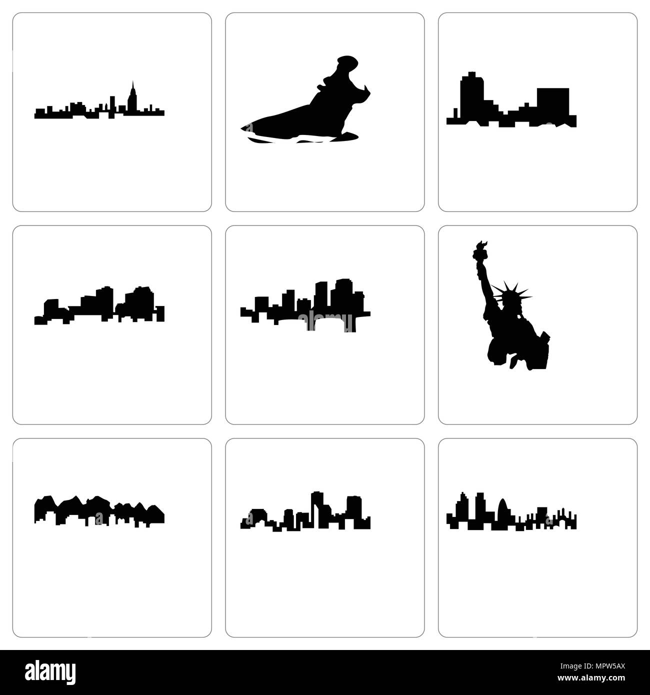 Set di 9 semplici icone modificabili quali Londra, Louisiana, Utah, statua della libertà, Arkansas, montana, Ippona, Alabama, può essere usato per il mobile, web Illustrazione Vettoriale