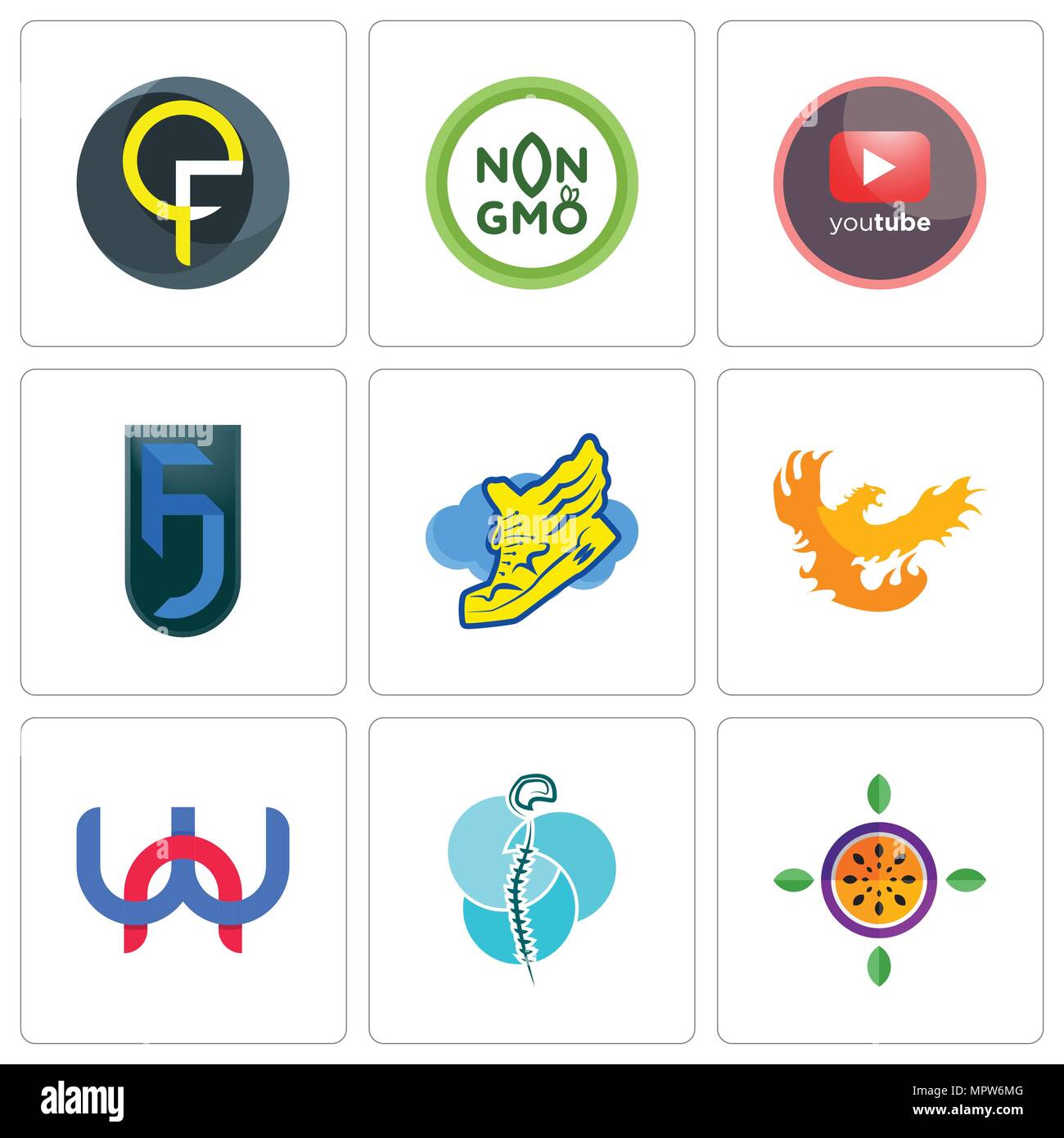 Set di 9 semplici icone modificabile come frutto della passione, neurochirurgia, Wn, Phoenix, calzatura con ali, jf, pino, non OGM, Qf, può essere usato per il mobile, w Illustrazione Vettoriale
