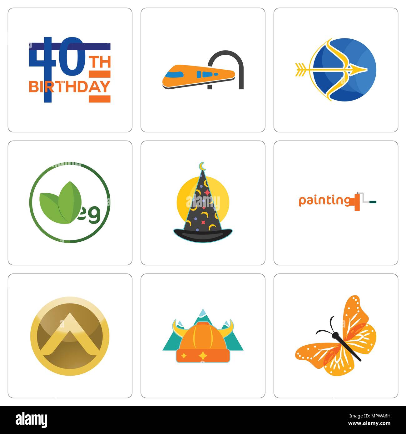 Set di 9 semplici icone modificabile come farfalla monarca, norvegese, spartan scudo, società di verniciatura, wizard hat, veg, sagittario, treno, quarantesimo compleanno, Illustrazione Vettoriale