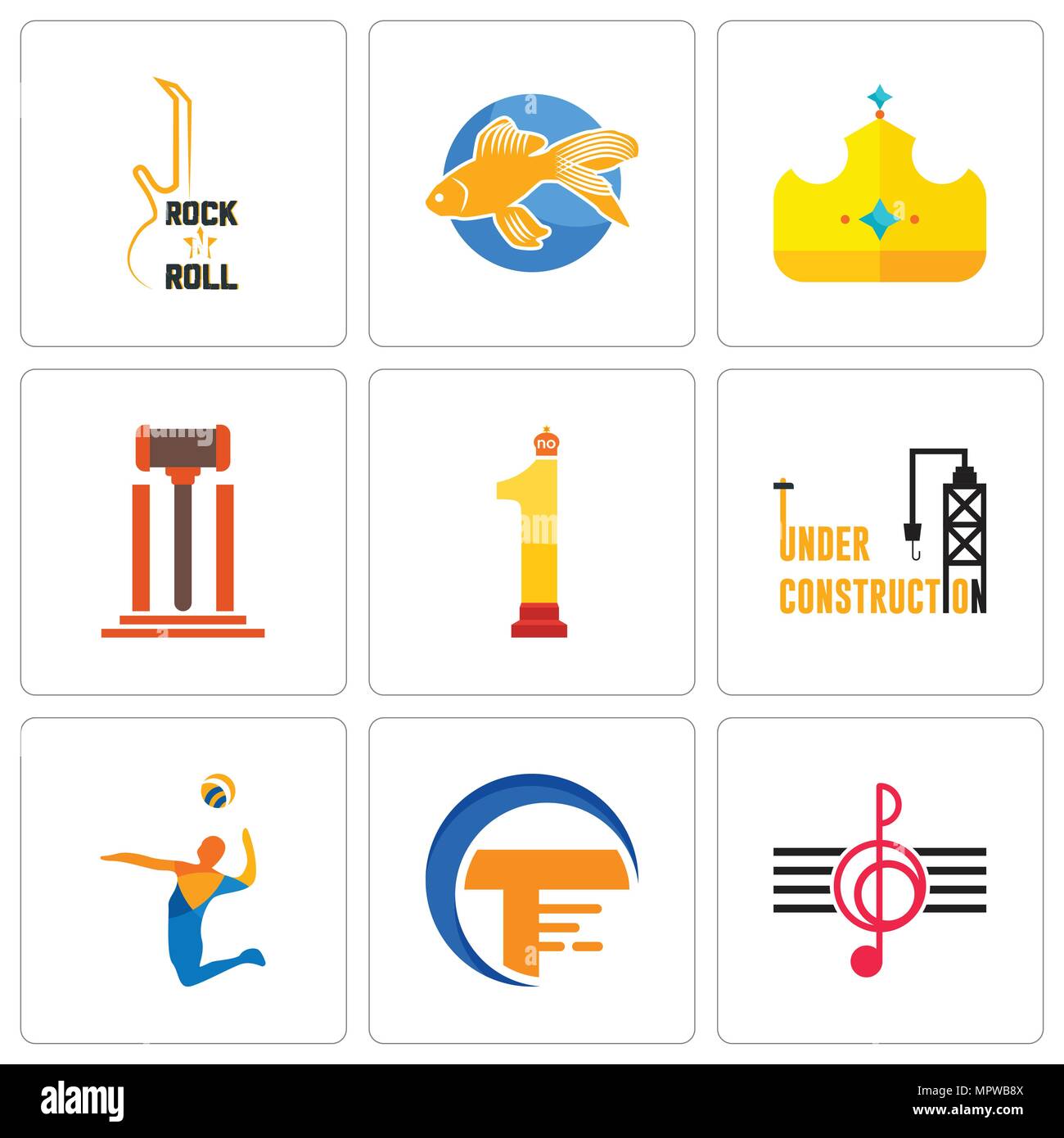 Set di 9 semplici icone modificabile come chiave di violino, commercianti, volley, in costruzione, no.1, legale, royal, goldfish, rock n roll, può essere utilizzato per i mo Illustrazione Vettoriale