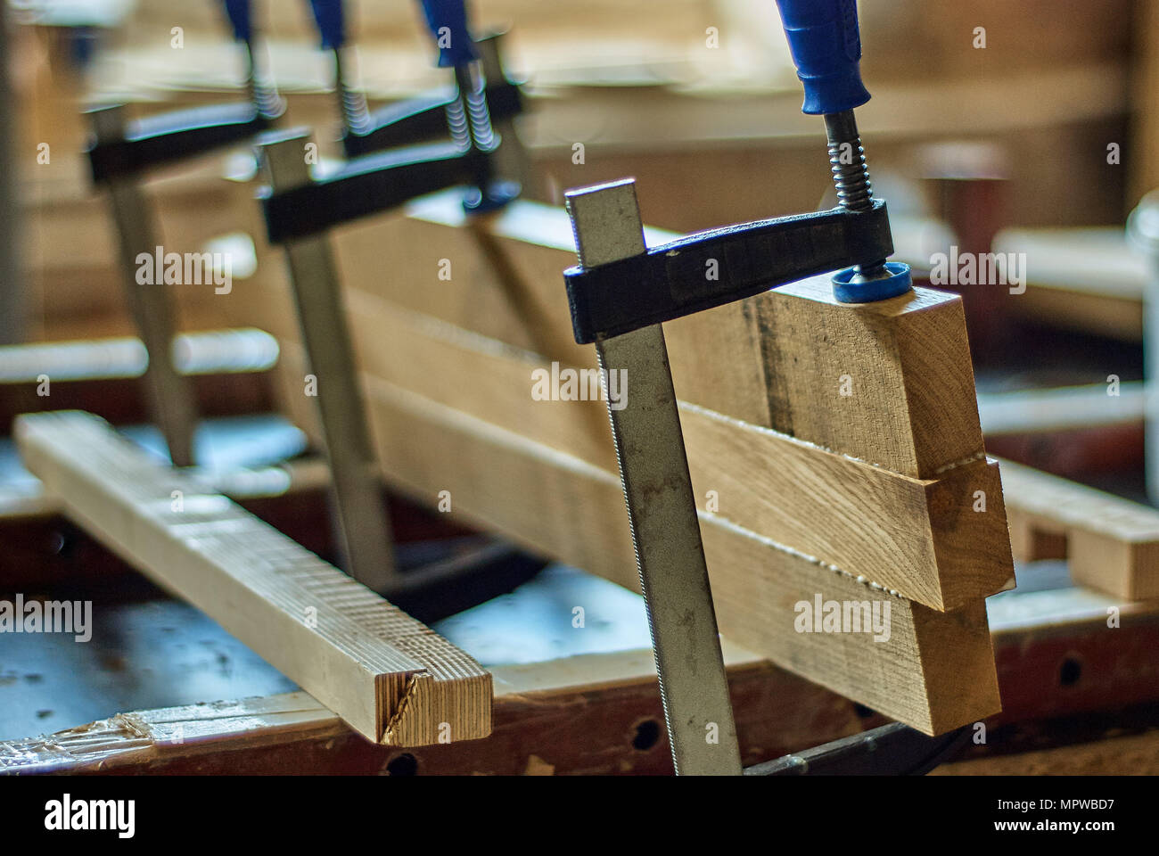 Falegnameria. Incollaggio e bloccaggio di tavole di legno. Pannelli massicci di legno. Primo piano Foto Stock
