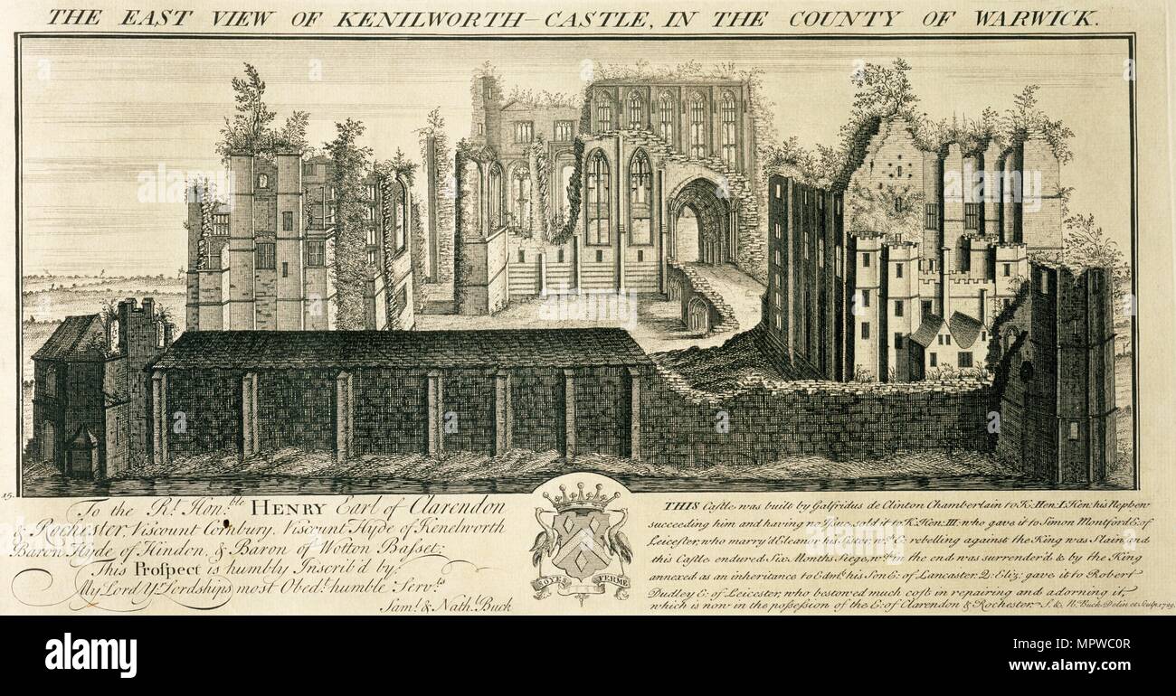 "L'Oriente vista del Castello di Kenilworth nella contea di Warwick', 1729. Artisti: Nathaniel Buck, Samuel Buck. Foto Stock