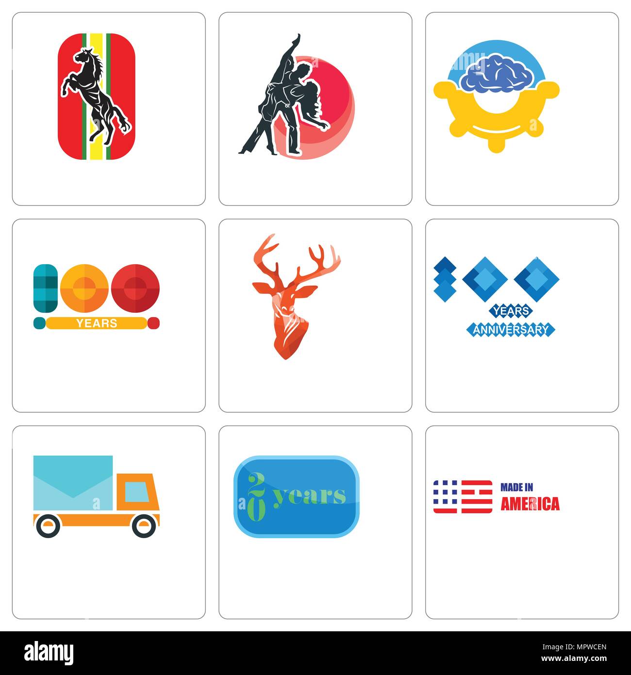 Set di 9 semplici icone modificabile come made in America, 20 anno, posto auto, 100° anniversario, testa di cervo, la gestione del programma, studio di ballo, cavallo, c Illustrazione Vettoriale