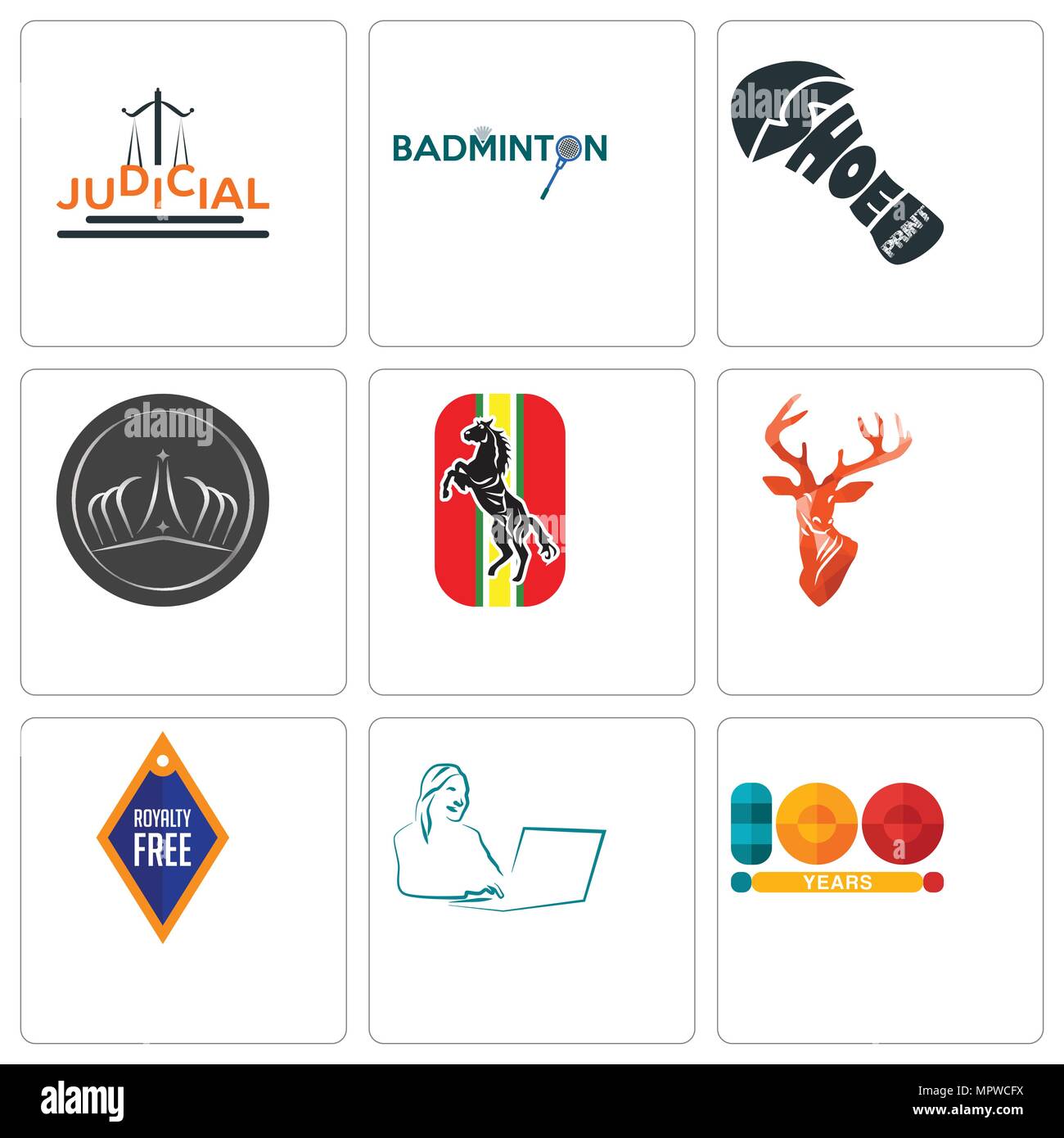 Set di 9 semplici icone modificabile come 100 anni, segretario, testa di cervo, cavallo, tiara, calzatura stampa, badminton, giudiziario, può essere usato per il mobile, web Illustrazione Vettoriale