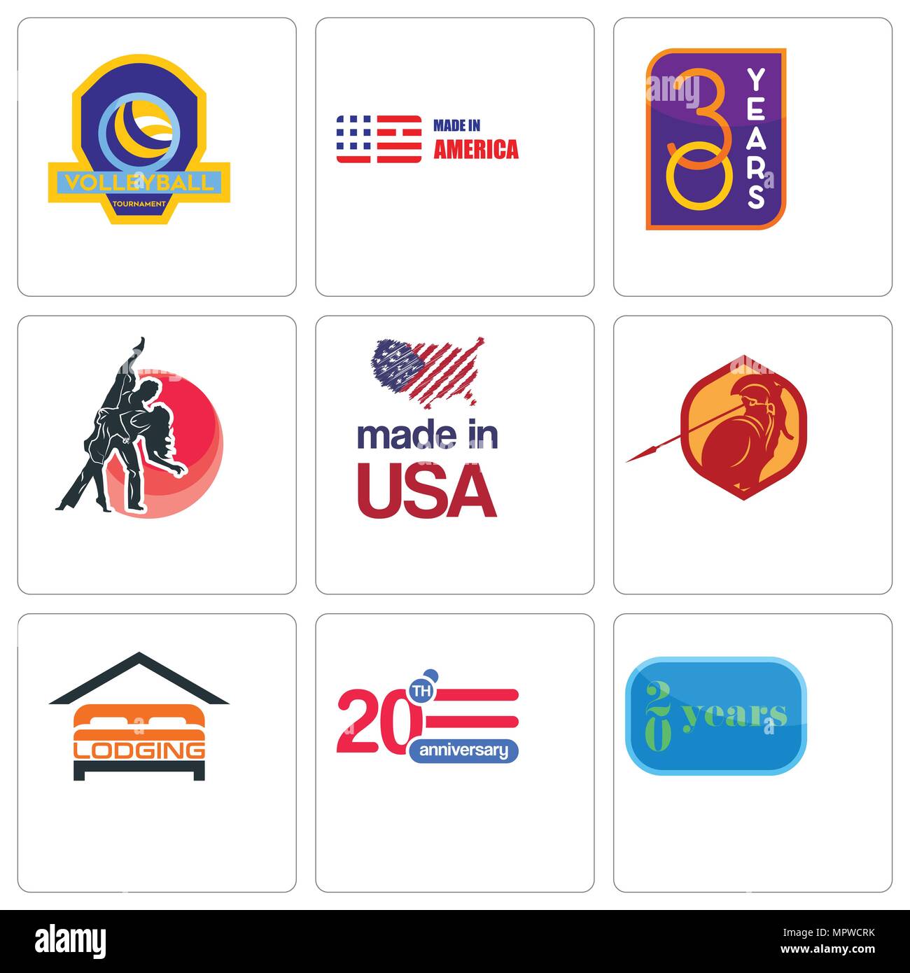 Set di 9 semplici icone modificabile come 20 anno, anniversario, alloggio, sparta, made in USA, studio di danza, 30 america, pallavolo torneo, è possibile utilizzare Illustrazione Vettoriale
