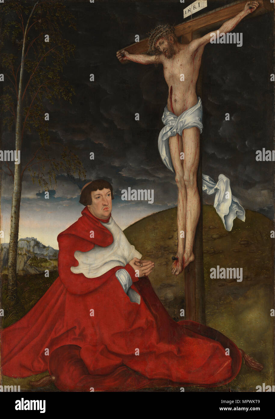 Il Cardinale Albrecht di Brandeburgo inginocchiato davanti a Cristo sulla croce, 1521-1525 ca. Foto Stock