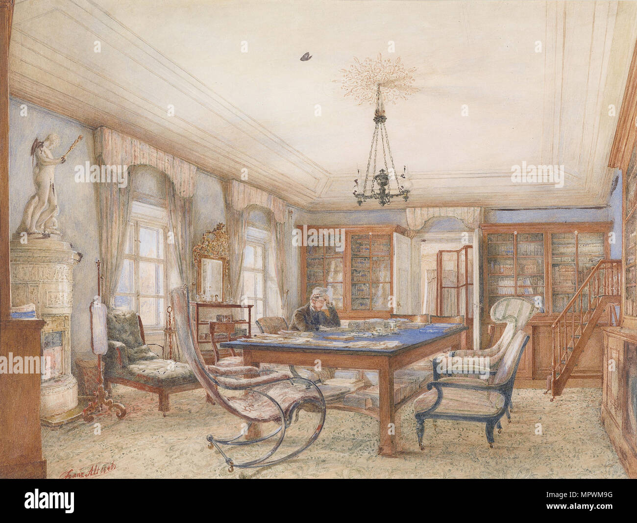 Biedermeier interno con un uomo seduto a tavola, 1846. Foto Stock