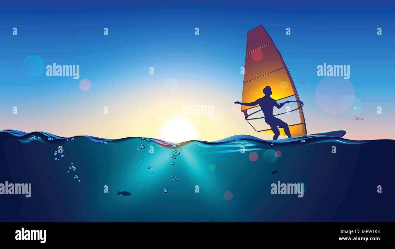 Windsurf sul paesaggio di mare e cielo chiaro dello sfondo. L'uomo windsurf sul bordo con una vela galleggiante sul mare al tramonto. Illustrazione Vettoriale