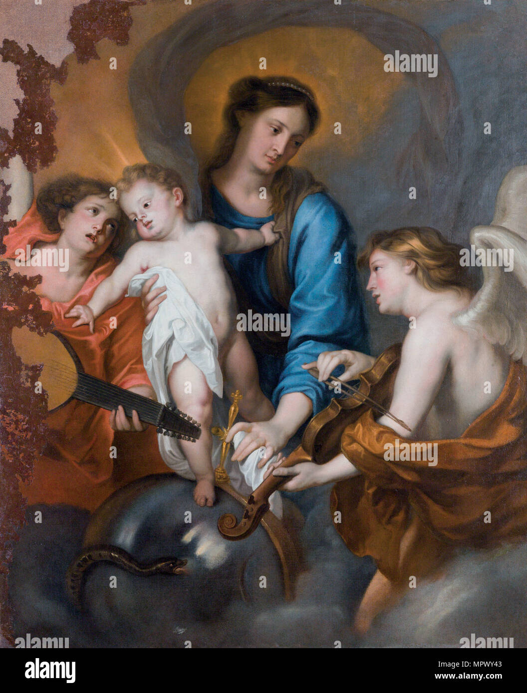 La Vergine col Bambino e due angeli musicanti. Foto Stock