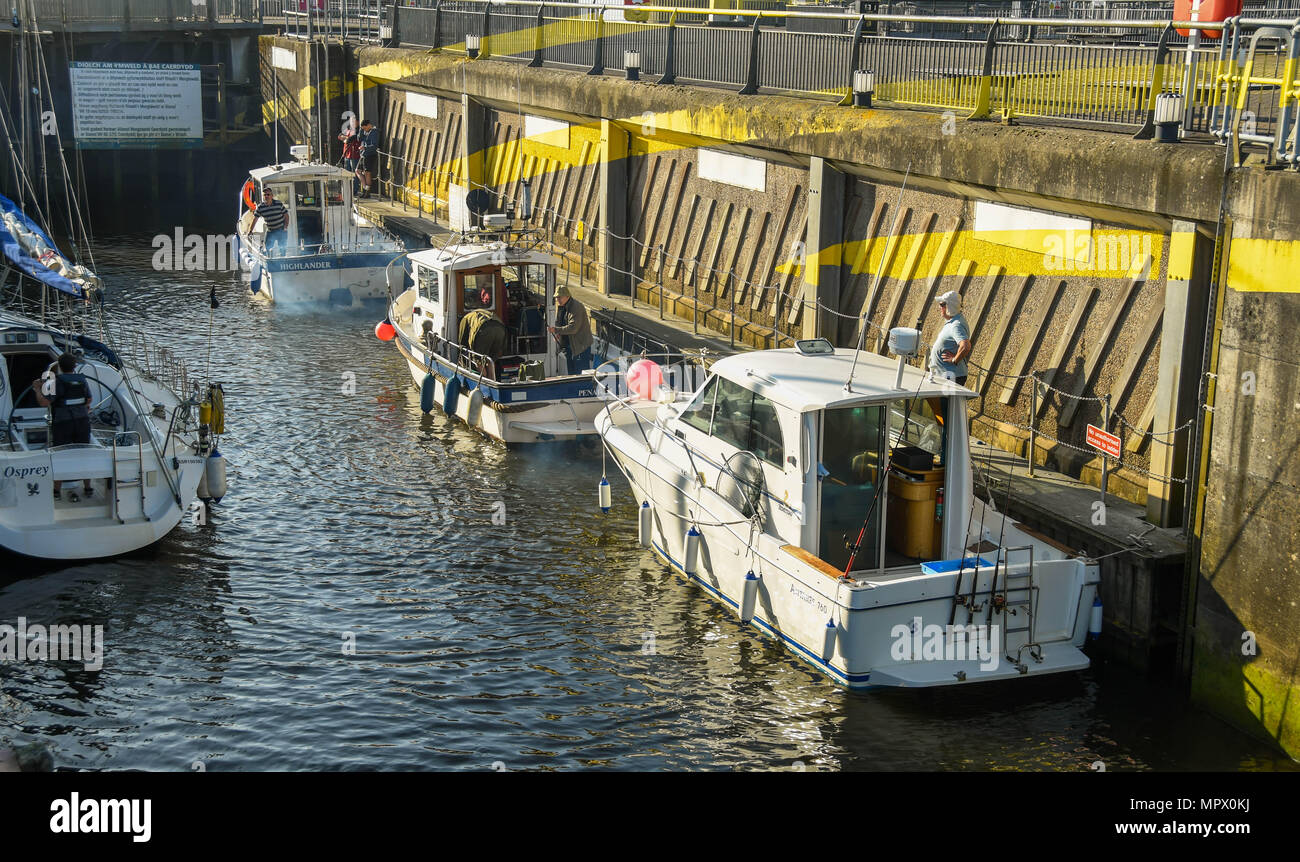 Piccolo,barche in uno dei blocchi che sono parte della Baia di Cardiff barrage. Le serrature consentono alle barche di entrare e uscire dal canale di Bristol. Foto Stock