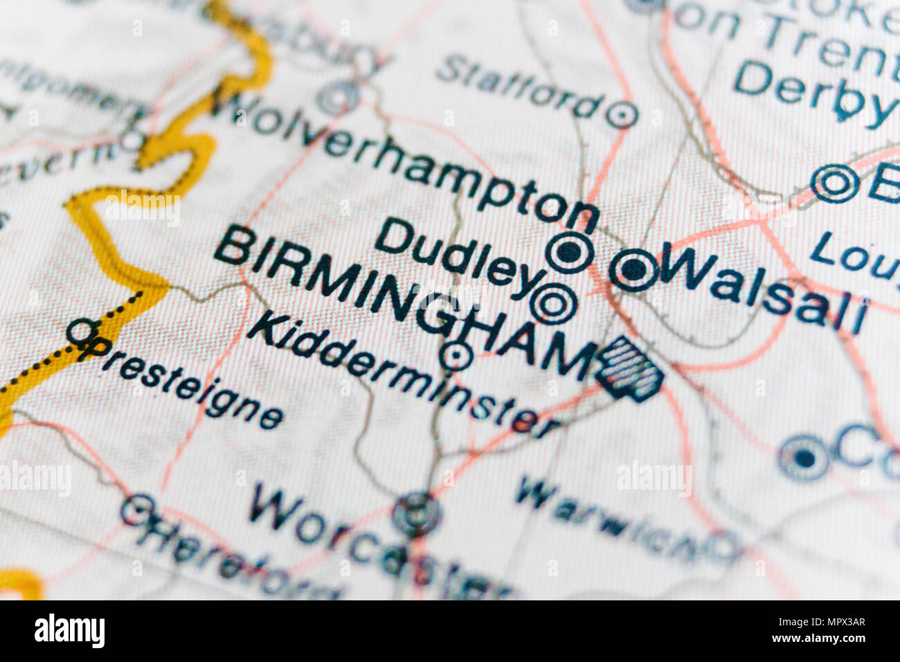 Mappa di Birmingham. Un'immagine ravvicinata di Birmingham. Concetto di viaggio Foto Stock