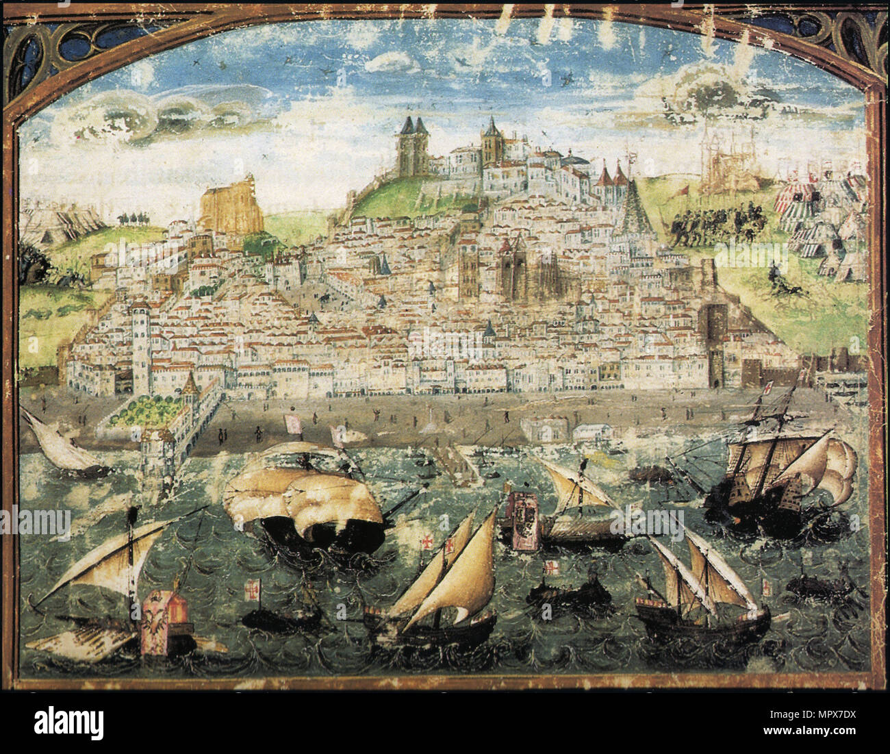 Vista di Lisbona. Miniatura di Crónica de Dom Afonso Henriques da Duarte Galvão, ca. 1505-1510. Foto Stock