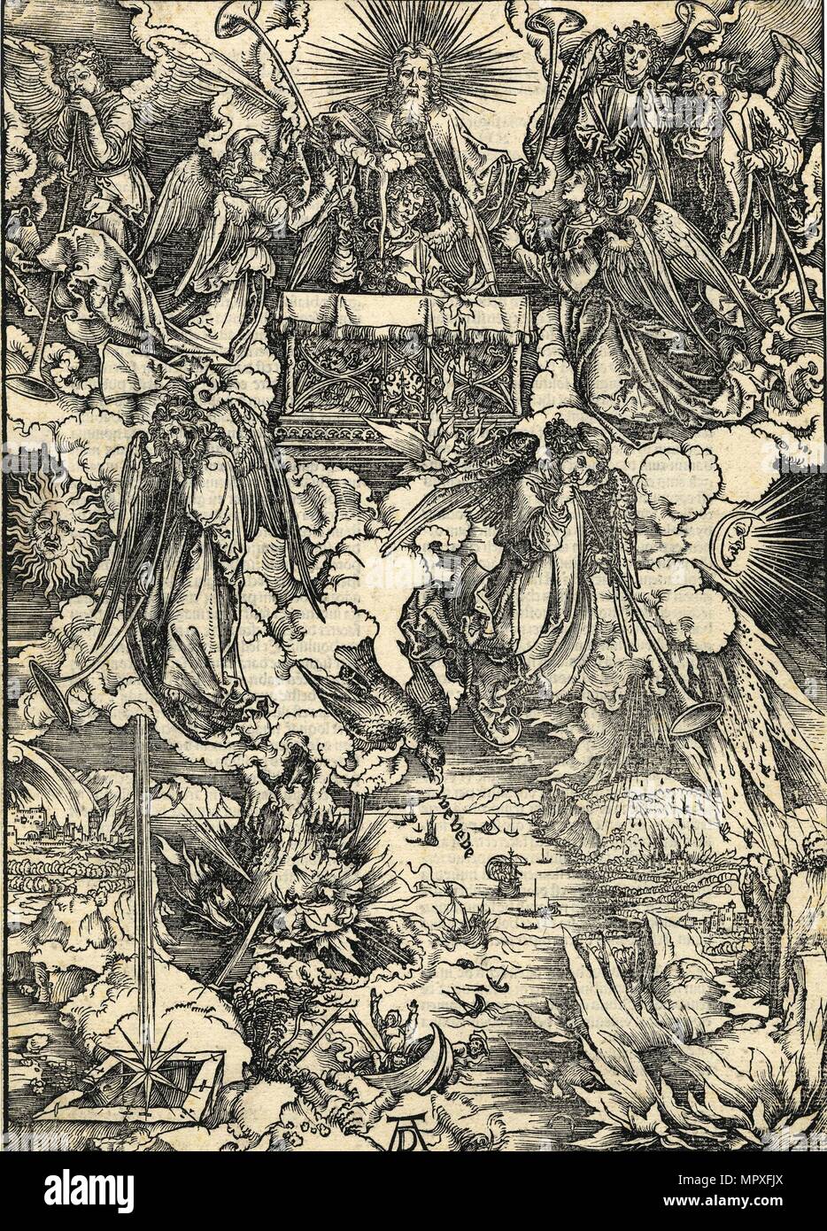 L'apertura del settimo sigillo e l'aquila gridando guai. Da Apocalypsis cum Figuris, 1498. Foto Stock