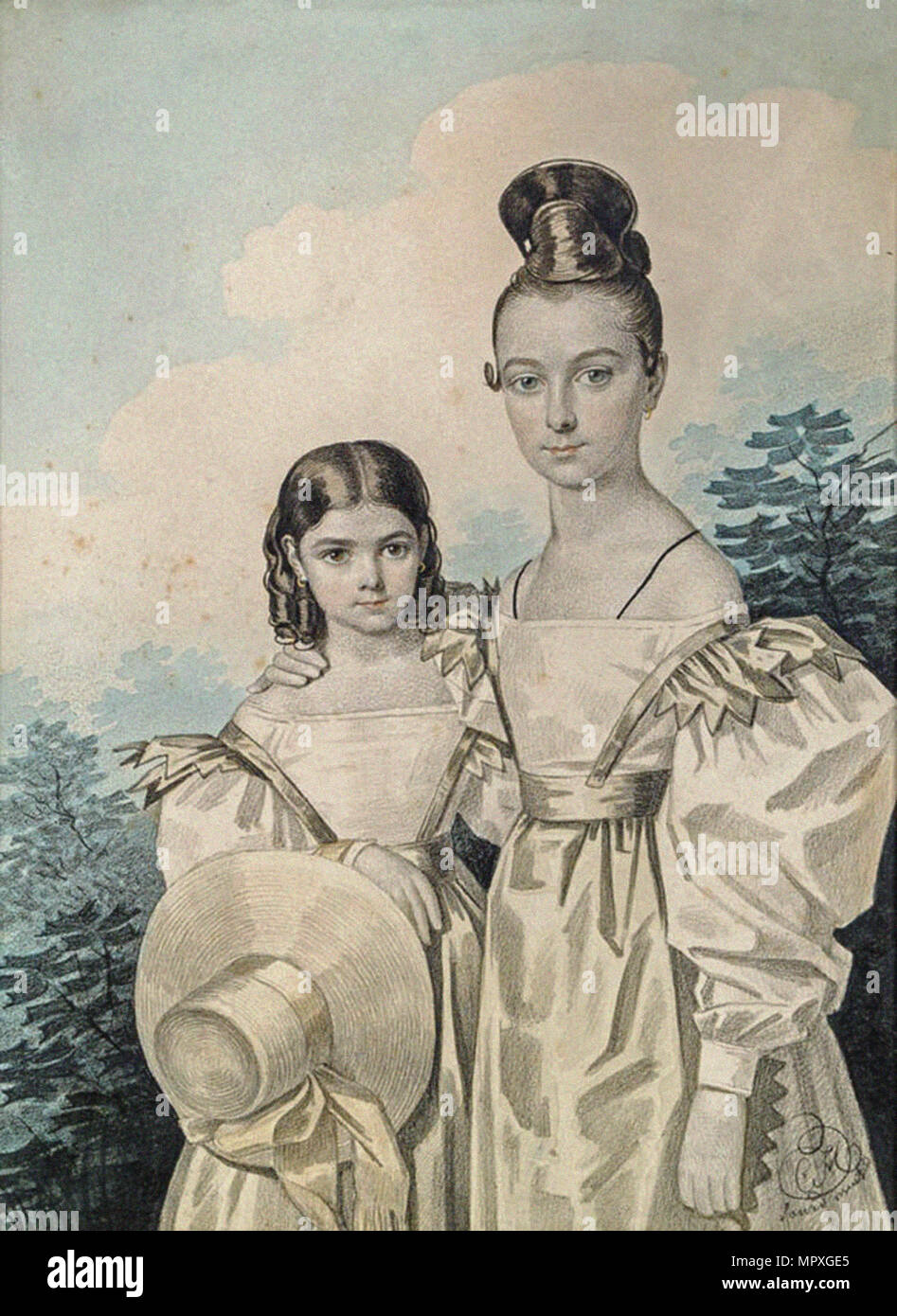 Ritratto di Sorelle Sofia Petrovna (1823-1877) e Alexandra Petrovna (1821-1880) Ushakov, 1.830 s. Foto Stock