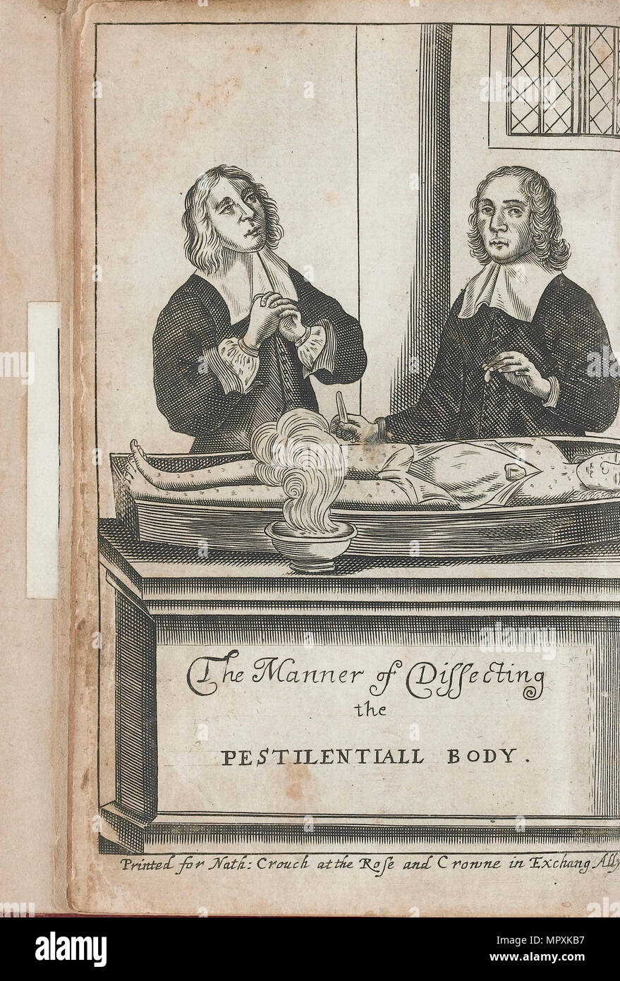 Due uomini la dissezione di un corpo con la peste marchi, 1666. Foto Stock