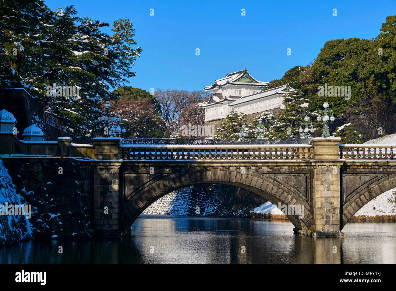 Nijubashi Ponte sul Fiume Sumida da Tokyo Imperial Palace contro il cielo blu chiaro Foto Stock