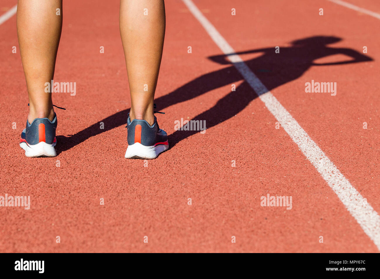 Sezione bassa della donna che indossa le scarpe sportive mentre in piedi su sport via durante la giornata di sole Foto Stock