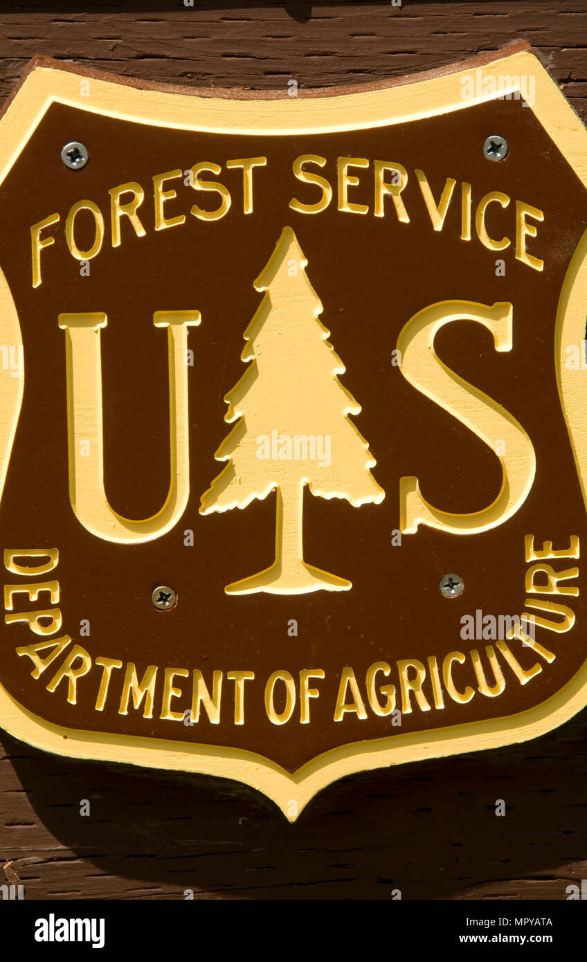 Logo USFS, Mullan Road storico sito al 4 di luglio Pass, Coeur d'Alene National Forest, Idaho Foto Stock